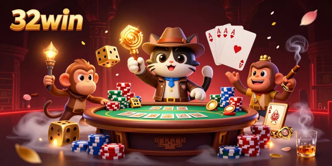 32win showcases an archaeologist cat and monkey in a vibrant casino treasure scene.