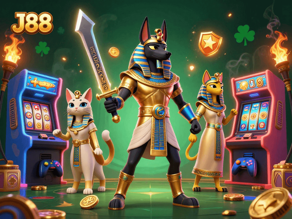 Engage in thrilling gameplay at J88 with Anubis and Bastet amid vibrant casino elements.