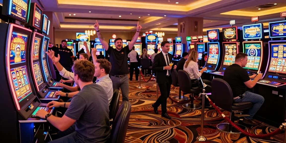 Celebrating a slot jackpot win amidst a lively casinogaming scene.