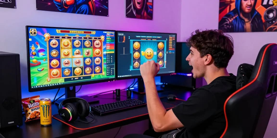 Player celebrating a win on link slot gacor with vibrant gaming setup.