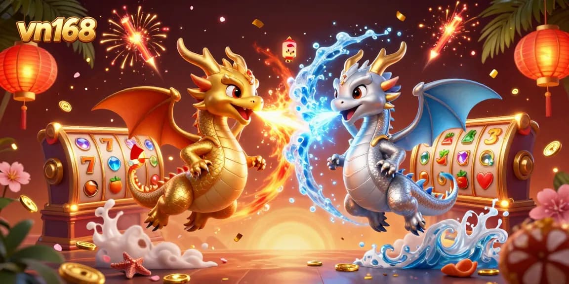 Spin to win with vn168's vibrant 3D slot game scene featuring dragons and festive elements.