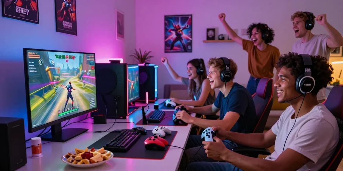Friends enjoying an F168 gaming session with vibrant graphics and unique gaming accessories in a cozy living room.