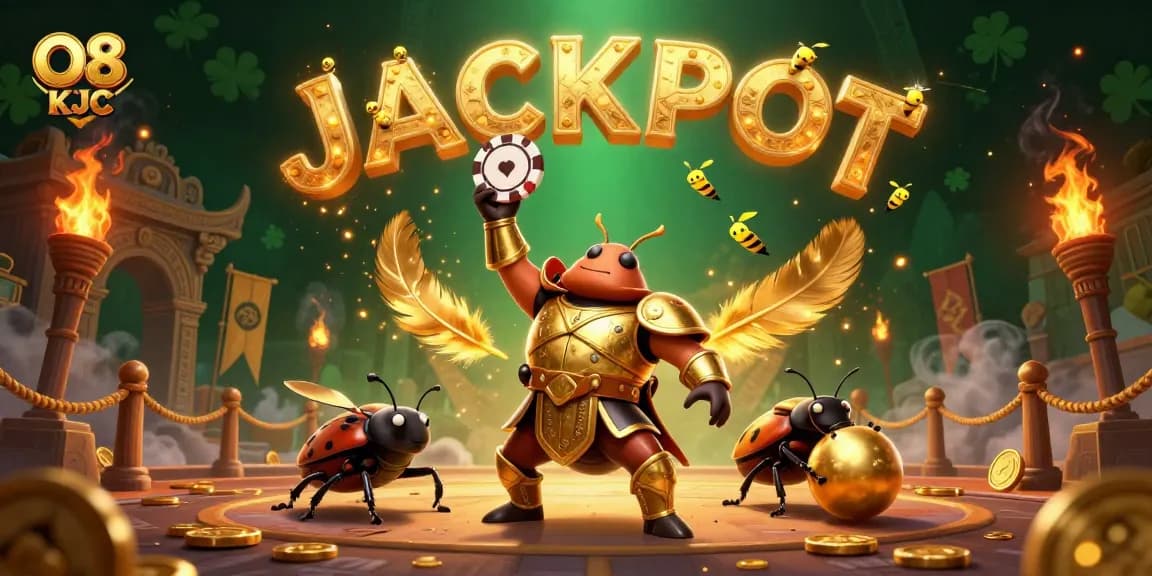 Spin to win at O8 KJC with a cartoon hercules beetle celebrating a jackpot victory