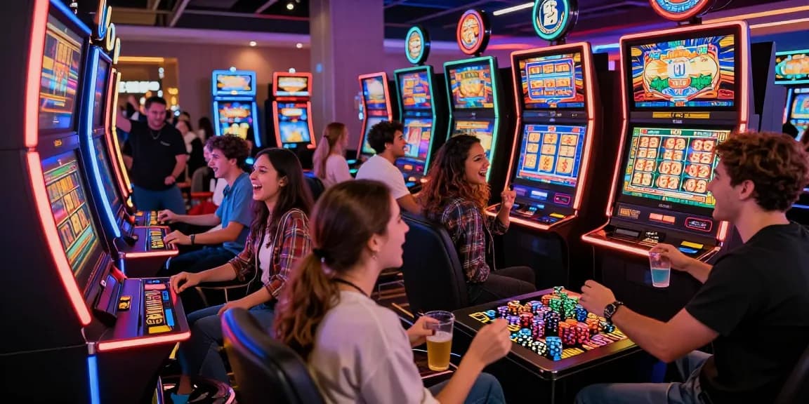 Exciting casino scene with friends celebrating jackpot wins at slot machines.