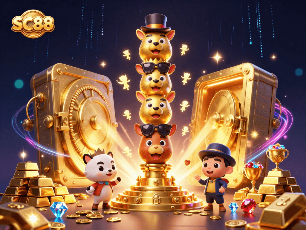 Experience SC88 gameplay with vibrant casino elements in a festive 3D illustration.