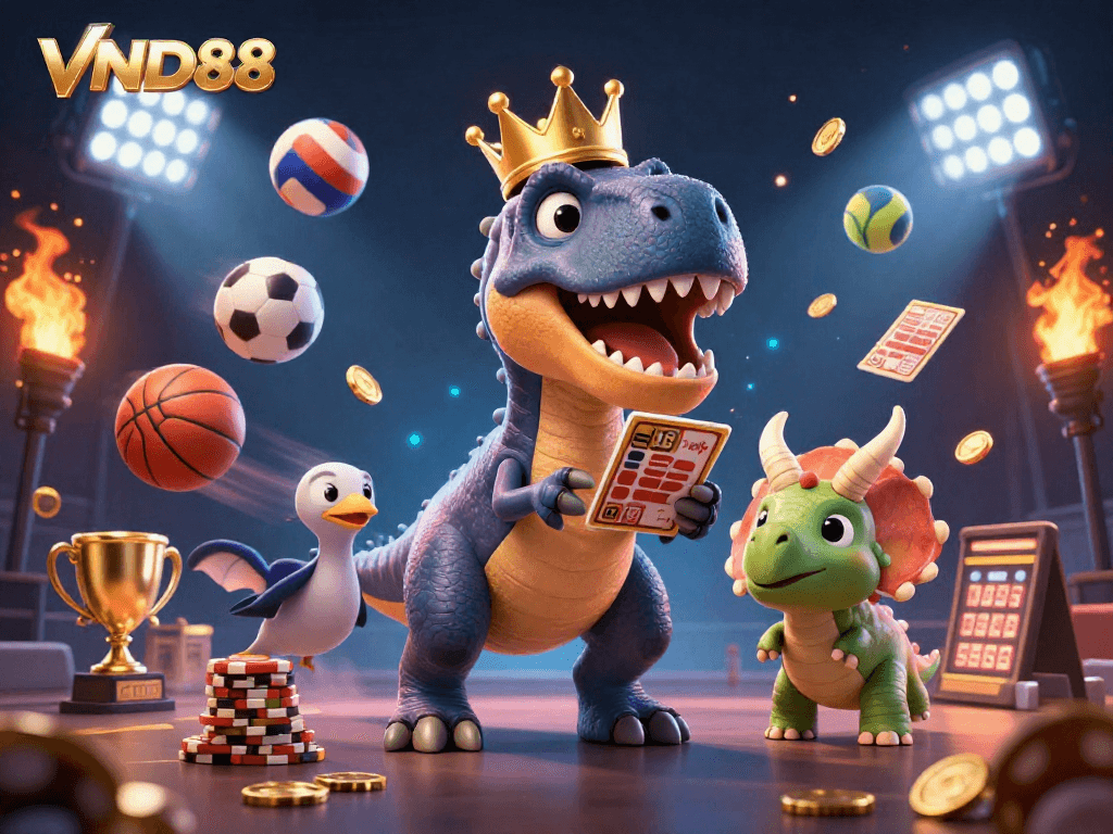 Engage with thrilling sports betting experiences at VND88 featuring a T-Rex card shuffler and friendly pterodactyl assistant.