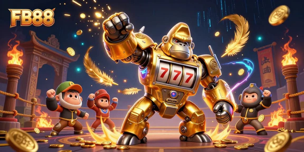 Experience the excitement of FB88 with a dynamic 3D illustration showcasing a golden gorilla mech and slot machine elements.
