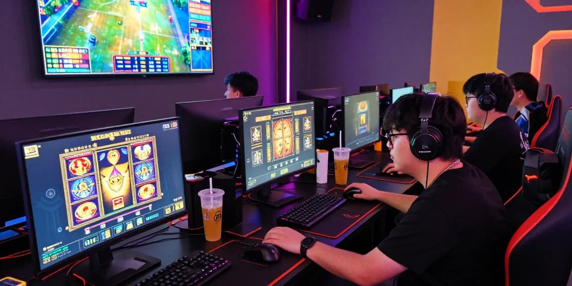 CICAKWIN gaming enthusiasts engaged in an exciting slot gaming session at a vibrant online café.