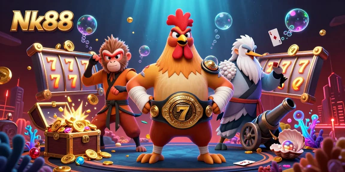 Experience the thrill of Nk88 with dynamic gaming elements and vibrant characters in a casino-themed scene.