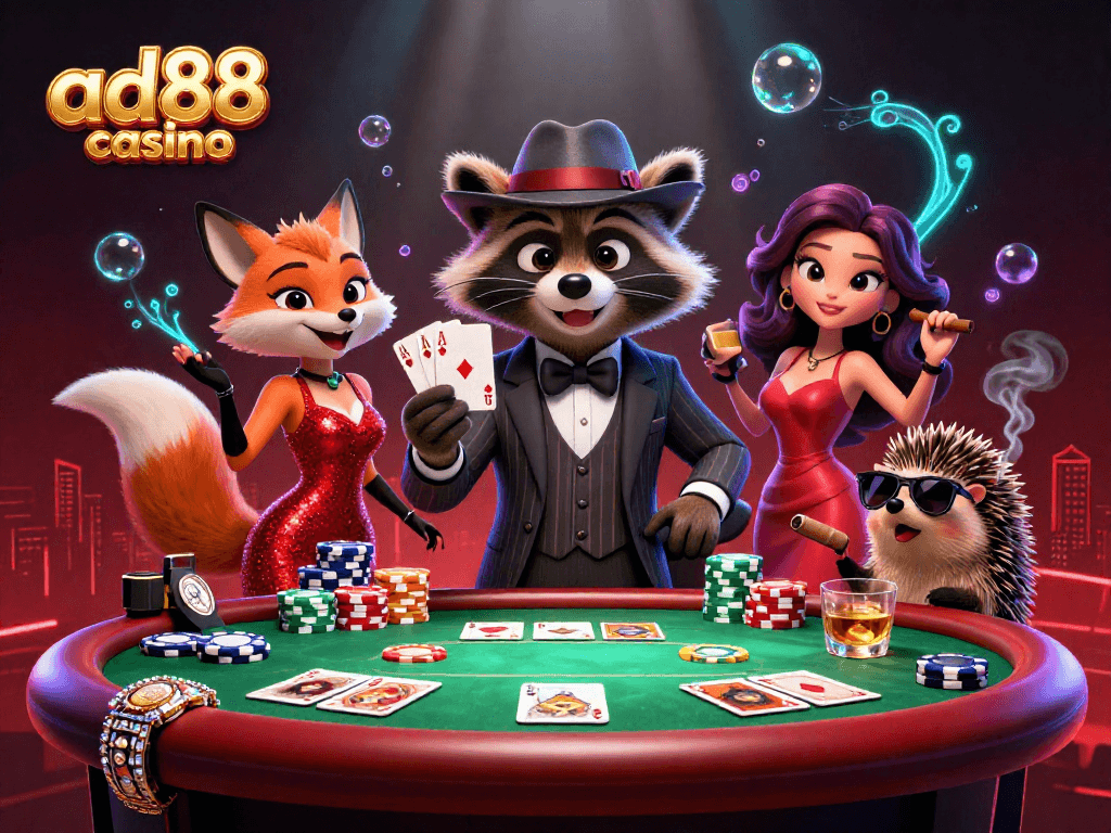 Join the action at ad88 casino with a raccoon, fox, and hedgehog at a poker table.