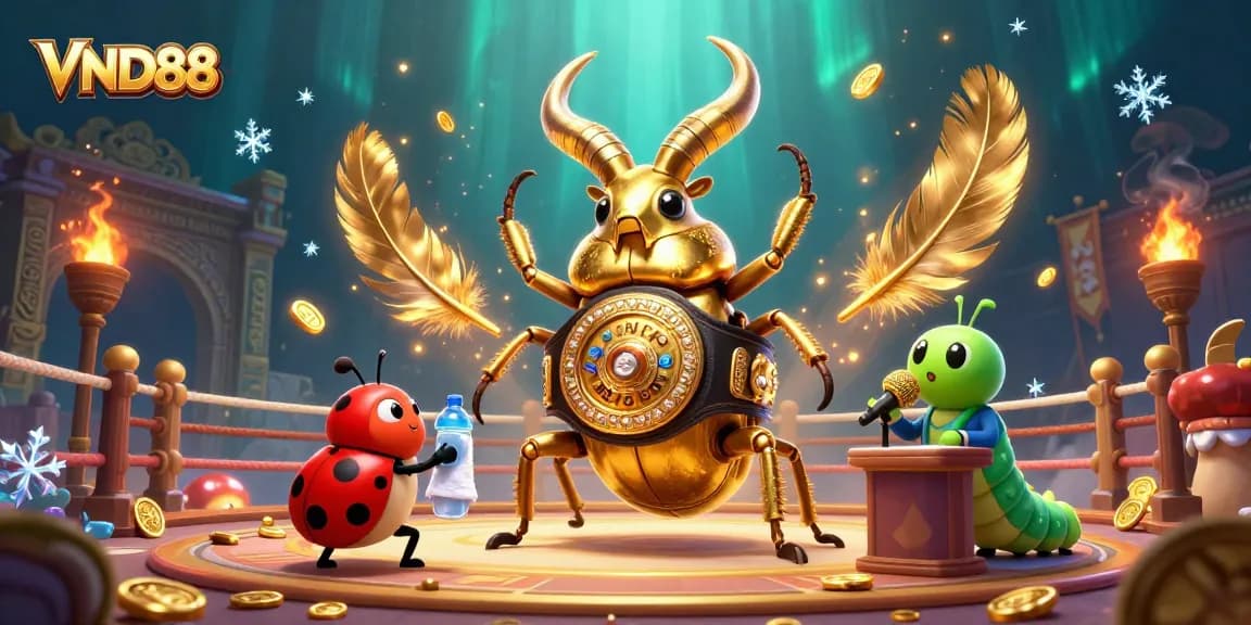 VND88 showcases an epic gambling showdown featuring a golden stag beetle and vibrant casino elements.