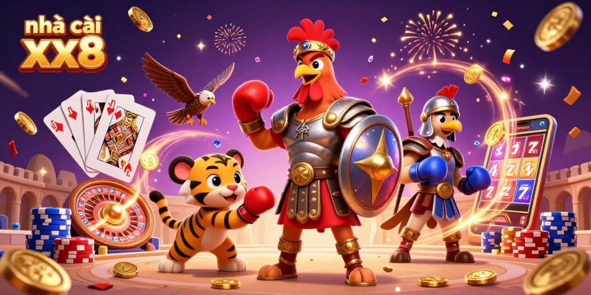 Experience excitement at nhà cái xx8 with a dynamic casino scene featuring festive characters and games.