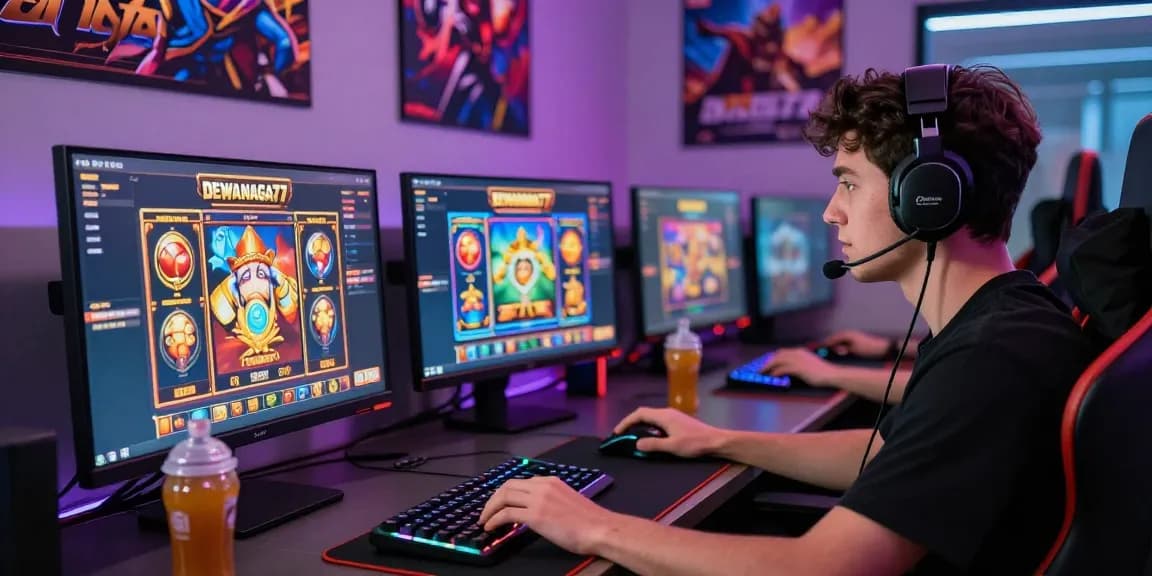 Engaged gamer enjoying DEWANAGA77 online slot games in a modern gaming setup.