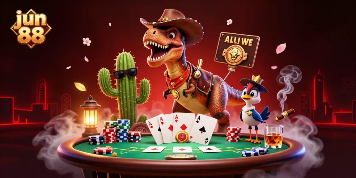 Experience dynamic poker action with jun 88 featuring a cowboy dinosaur, cactus, and roadrunner.
