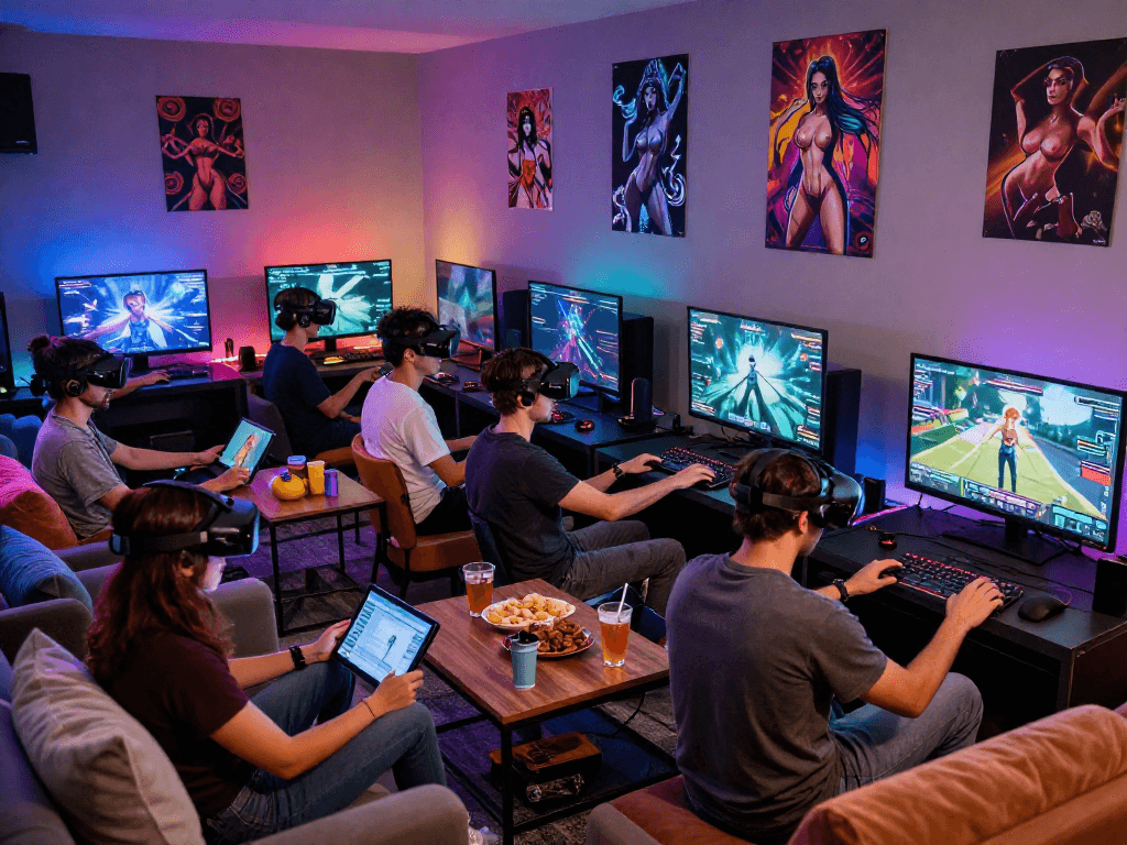 Group of adults enjoying immersive porn games in a vibrant gaming lounge setting.
