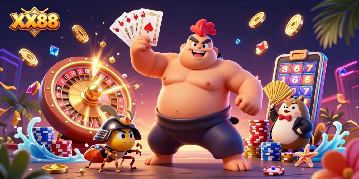 Experience thrilling gameplay at XX88 with bold characters, casino elements, and vibrant action.