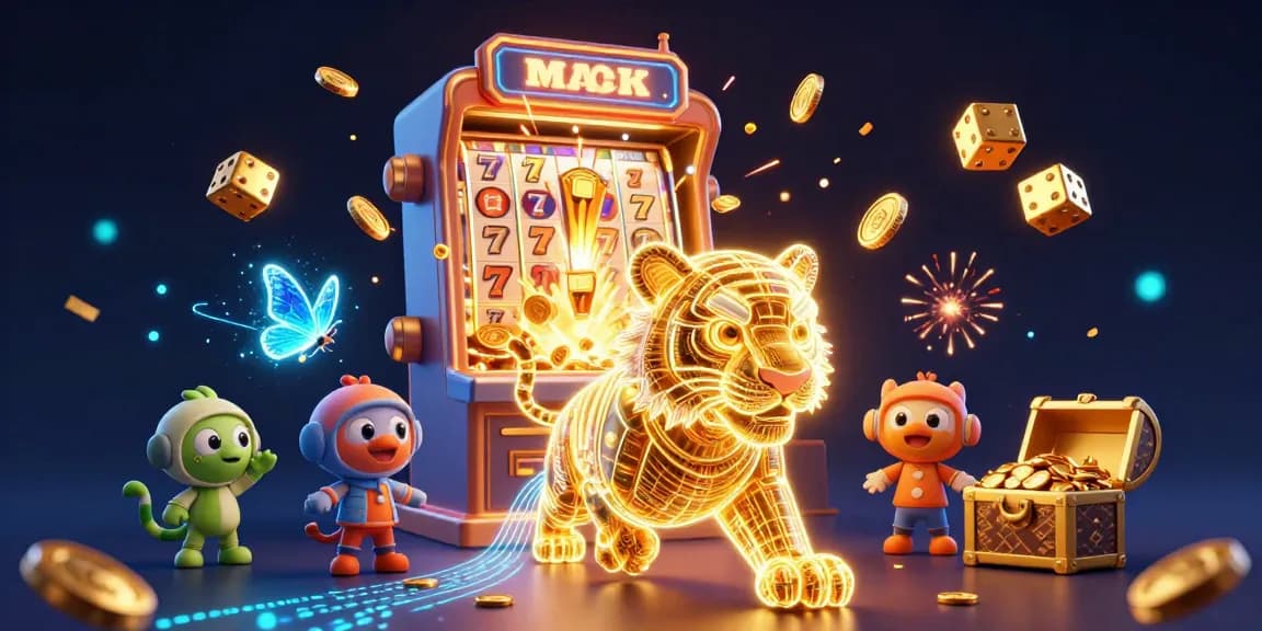Experience the thrill of 32win with a golden tiger and vibrant slot machine bursting with coins.