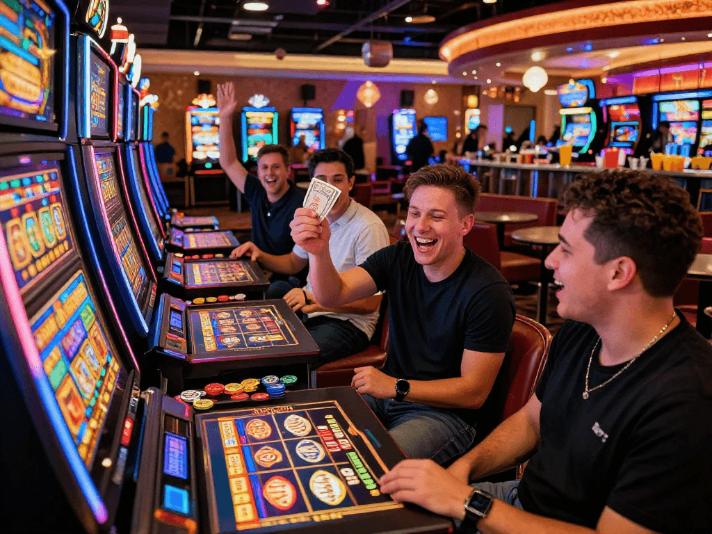 Winning a slot jackpot at a lively casino with friends cheering in excitement.