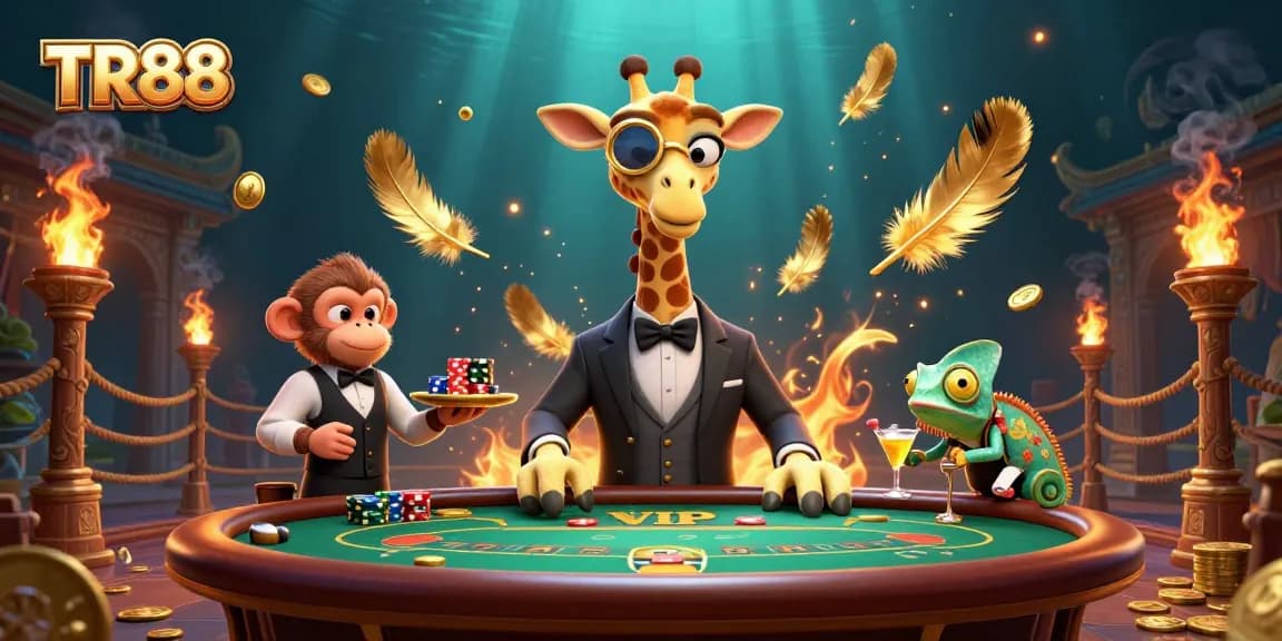 Experience TR88's dynamic casino atmosphere with a high-roller giraffe, poker, and vibrant game elements.