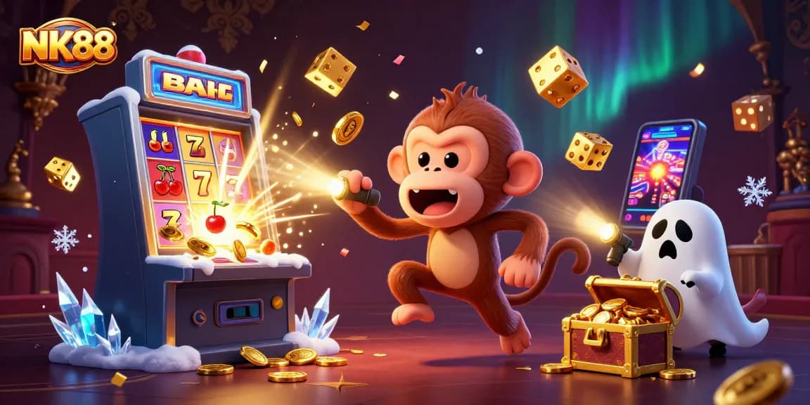 Engage in thrilling online gambling action with NK88 amid a vibrant casino scene bursting with excitement.