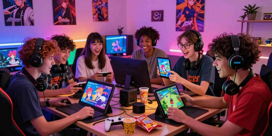 Group enjoying an ecchi game session with vibrant gaming setup and devices
