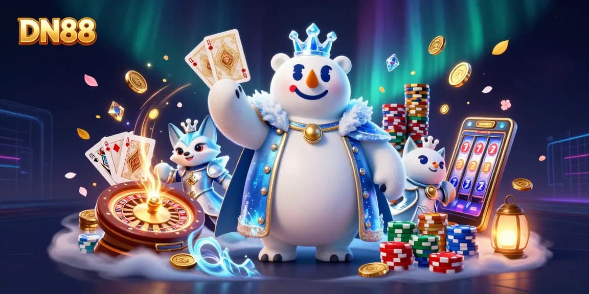 Engage in thrilling gameplay at DN88 with a vibrant 3D casino illustration showcasing a king polar bear and fox.