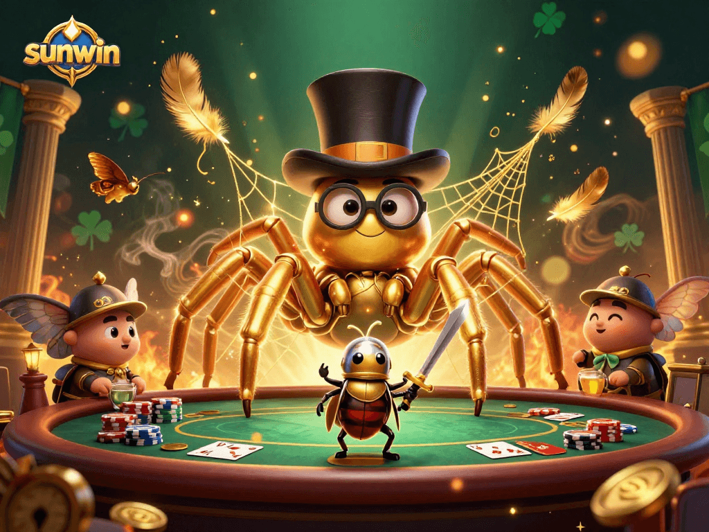 Engage in winning strategies at sunwin, surrounded by a vibrant poker scene with golden treasures.