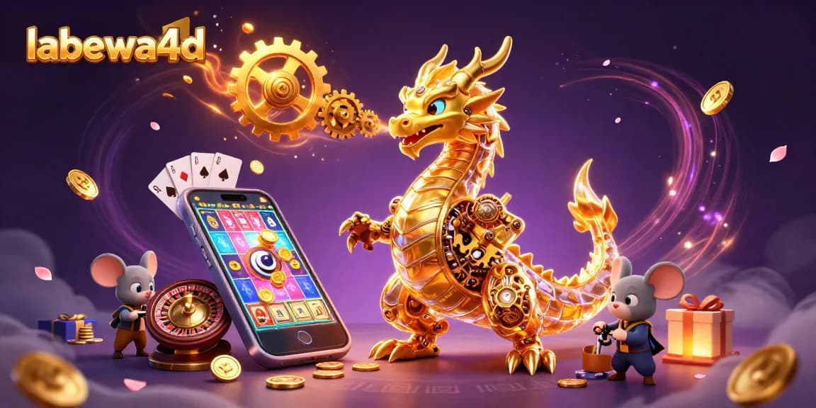 labewa4d menampilkan permainan slot dengan karakter naga emas dan ulah teknik di latar belakang.