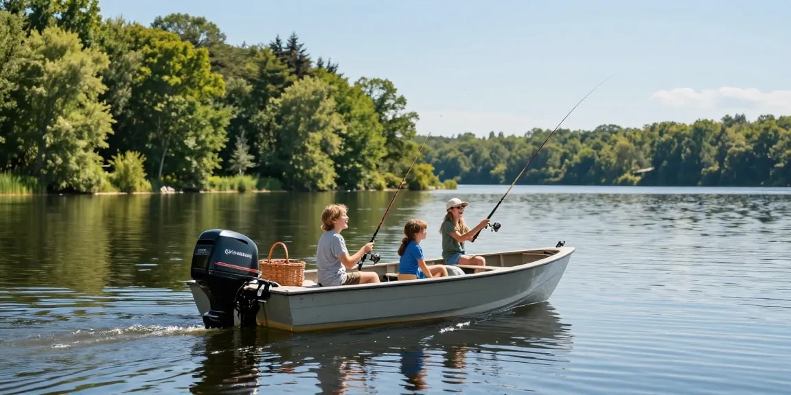 Family enjoying a day on the lake with an outboard motor for small boat, fishing gear and picnic setup enhancing adventure.
