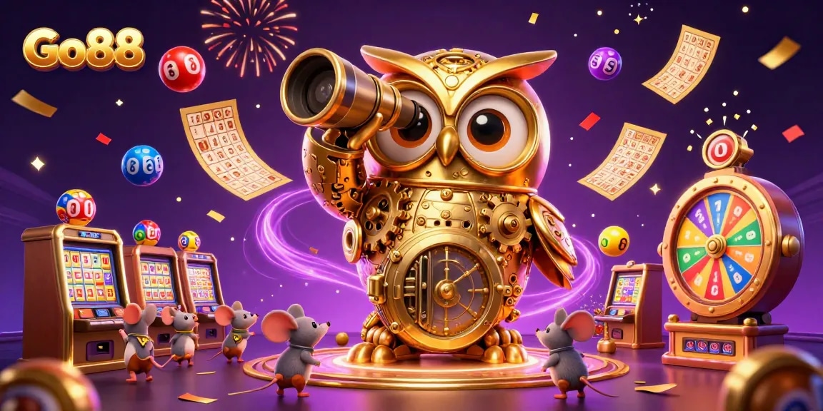 Go88 brings excitement with a vibrant casino scene featuring a golden owl and lucky charms.