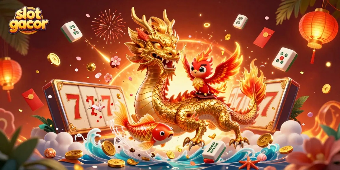 Engage with slot gacor dynamics showcasing a golden dragon, phoenix, and koi amidst winning elements.