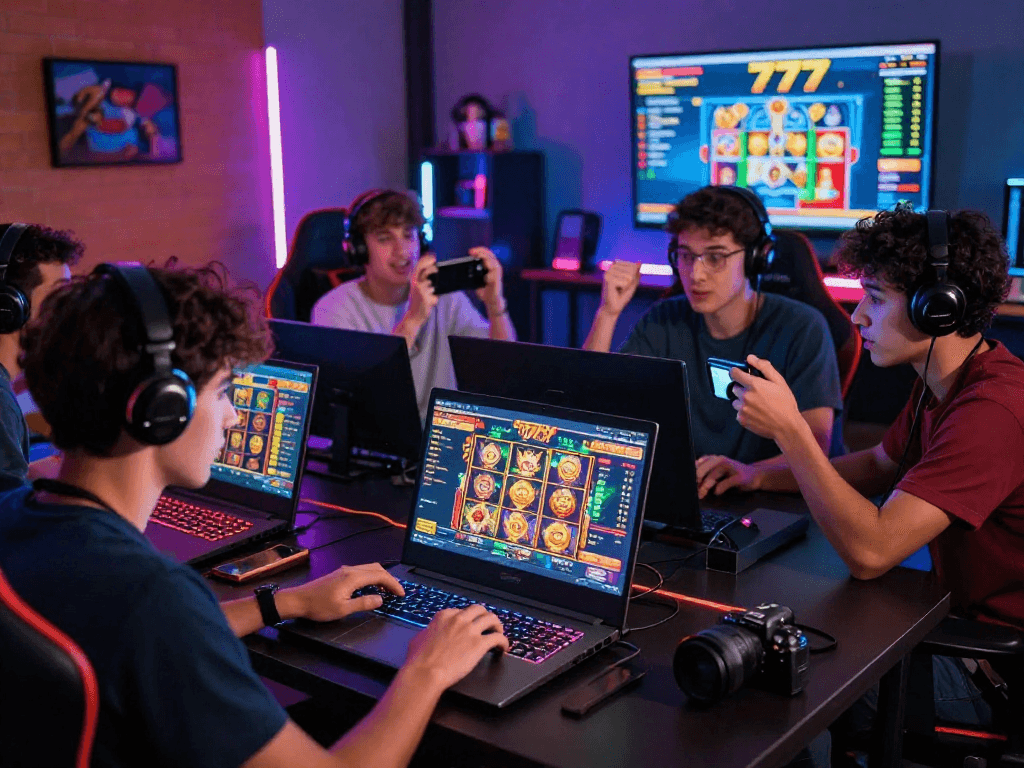 Engaged players enjoying a vibrant slot777 online gaming session in a lively setting, celebrating wins together.