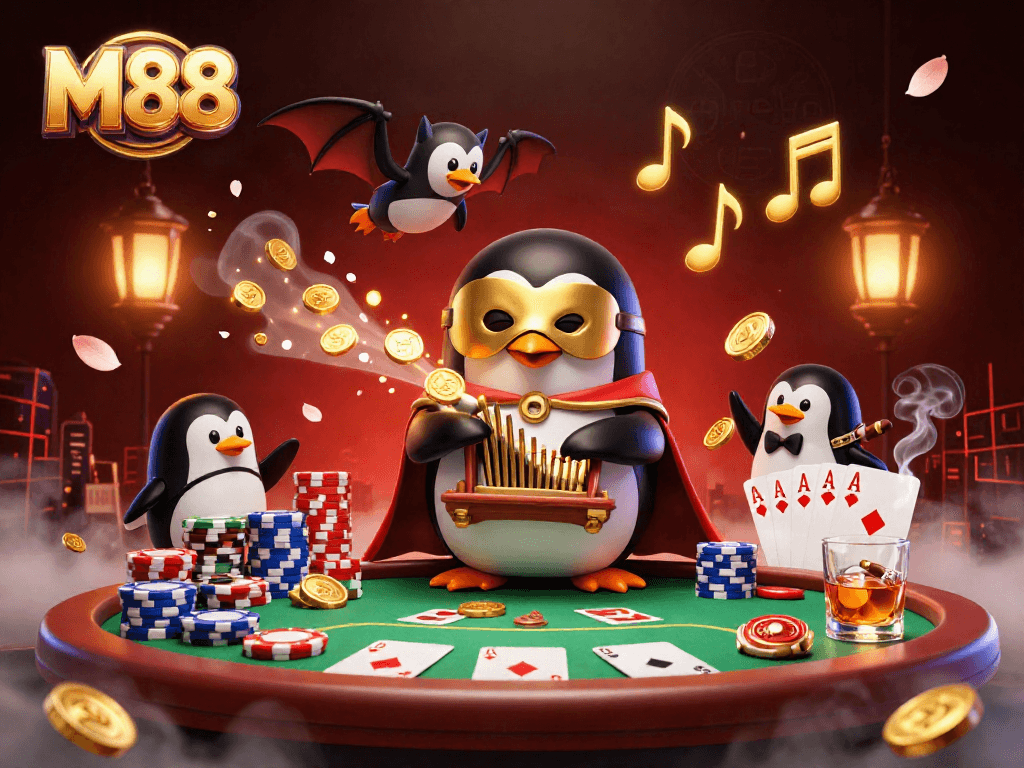 M88 illuminates a vibrant casino scene with a penguin playing a grand organ, surrounded by poker elements and golden coins.