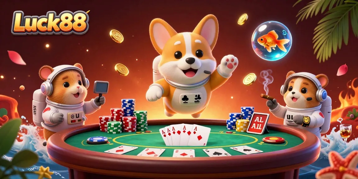 Engage with Luck88 in a vibrant casino scene featuring an astronaut corgi and playful characters.