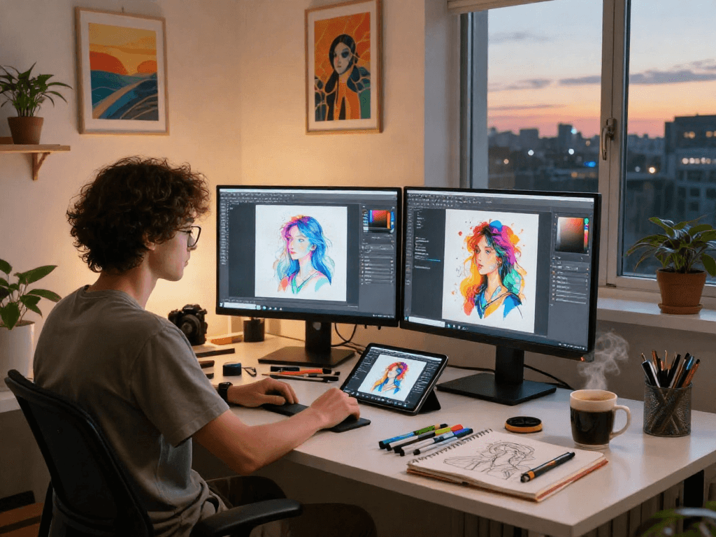 Creating stunning nsfw ai artwork in a cozy home studio with vibrant digital displays and artistic supplies.