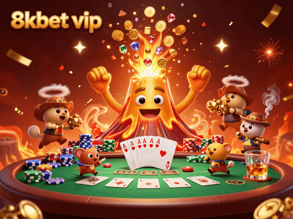 Win treasures in an exciting 8kbet vip casino scene with golden volcano and poker elements.