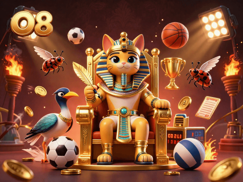 Experience thrilling gameplay at O8 with Egyptian-themed characters surrounded by sports and casino elements.