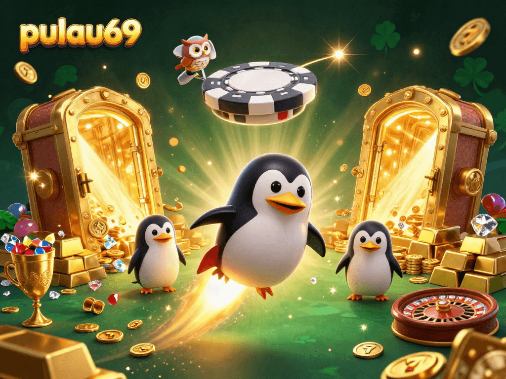 Experience thrilling wins at pulau69 with a golden penguin and dazzling casino elements.