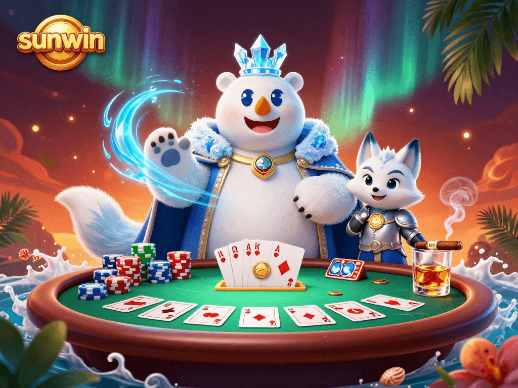 Join the sunwin poker action with a vibrant polar bear and snow fox as they play cards.