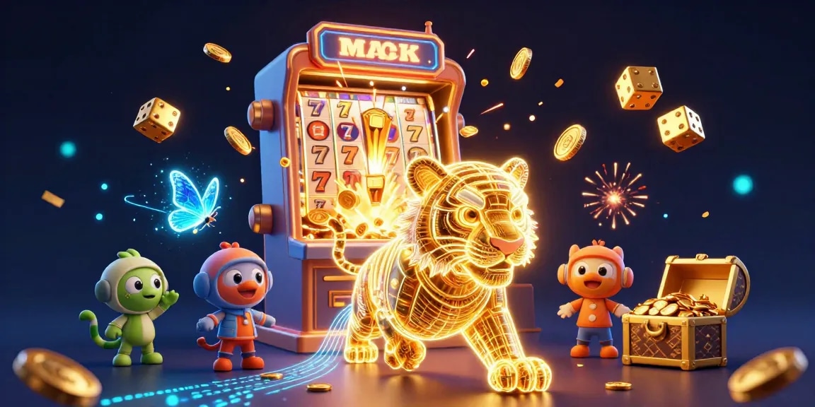 Experience the thrill of 32win with a golden tiger and vibrant slot machine bursting with coins.