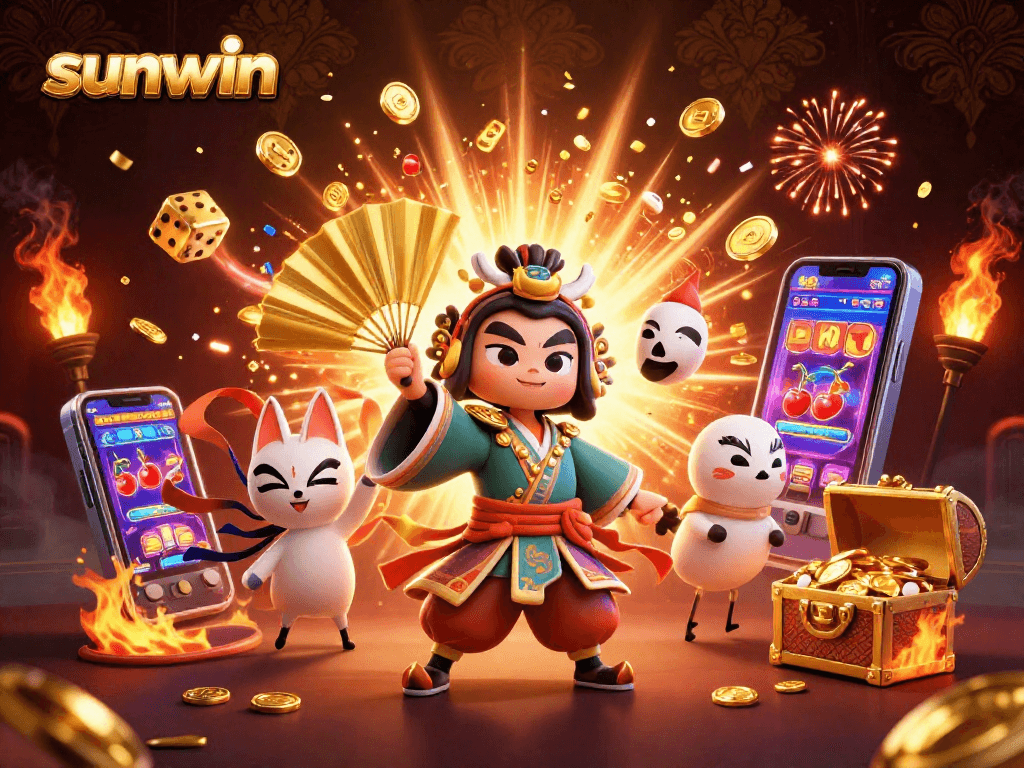 Experience the thrill of sunwin slots with a kabuki warrior and vibrant casino elements.