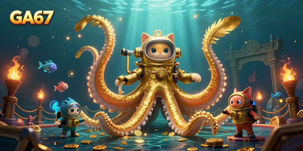 Experience GA67 with a dynamic 3D scene featuring a colossal kraken, diving cat, and bioluminescent fish engaging in thrilling cockfighting action.