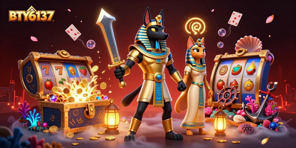 Engage with BTY6137 in a vibrant casino scene featuring Anubis and Bastet among gaming treasures.