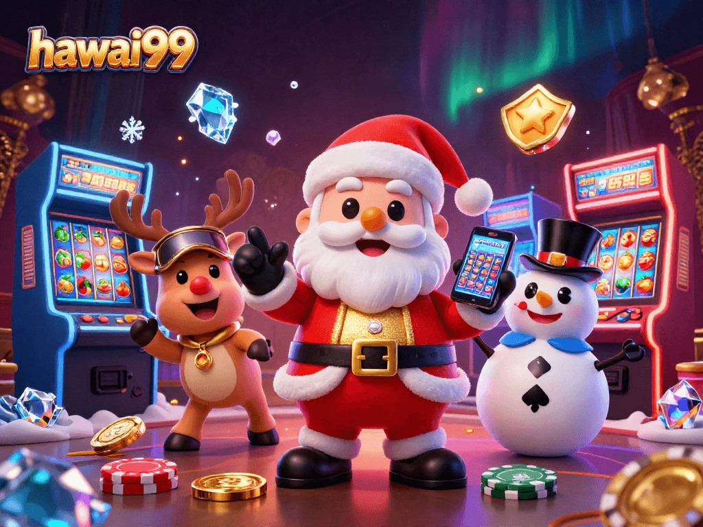 Spin the hawai99 slots with Santa and friends in this festive casino illustration.