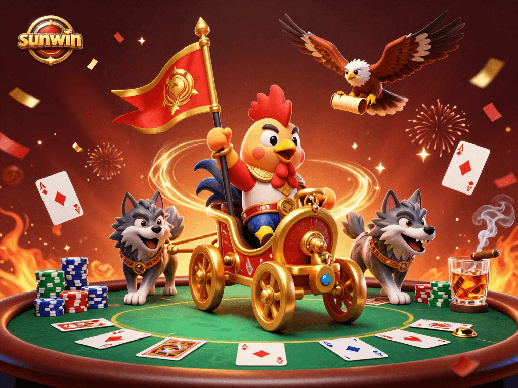 Experience excitement at sunwin with a cartoon rooster warlord commanding the casino scene.