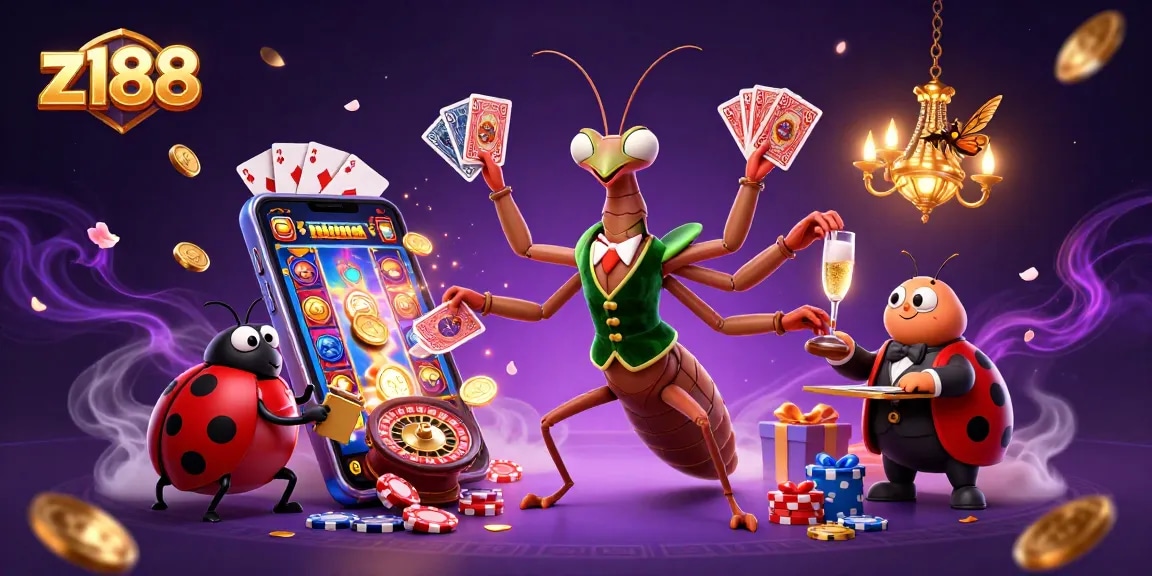 Join the excitement at z188 as the giant mantis card sharp deals cards amidst golden coins and lively gameplay.