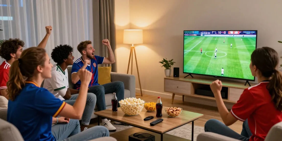 Excited friends watching live football match, شاهد البث هنا for the best moments, with snacks and jerseys in a cozy living room.
