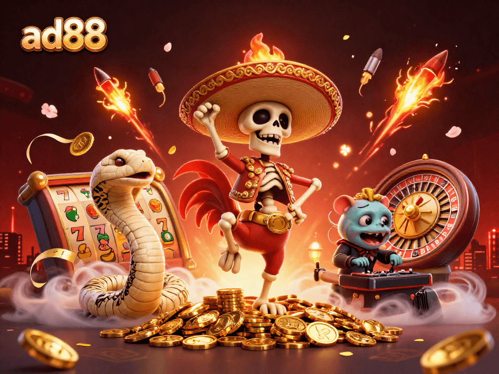 Experience the thrill of winning at ad88 with a festive 3D casino illustration featuring vibrant characters and slot games.