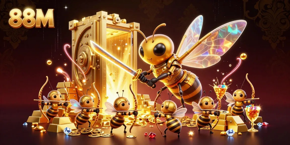 Engage with thrilling games at 88M's vibrant casino showcasing golden treasures and dynamic characters.