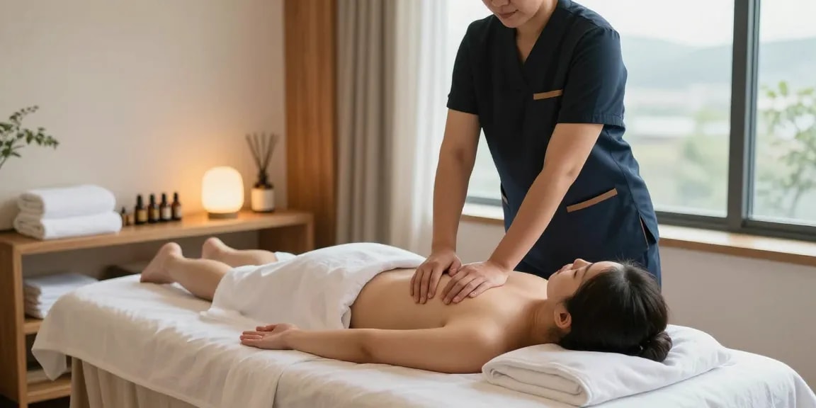 Relaxing 강남출장안마 scene with a client receiving a soothing massage in a tranquil spa environment.